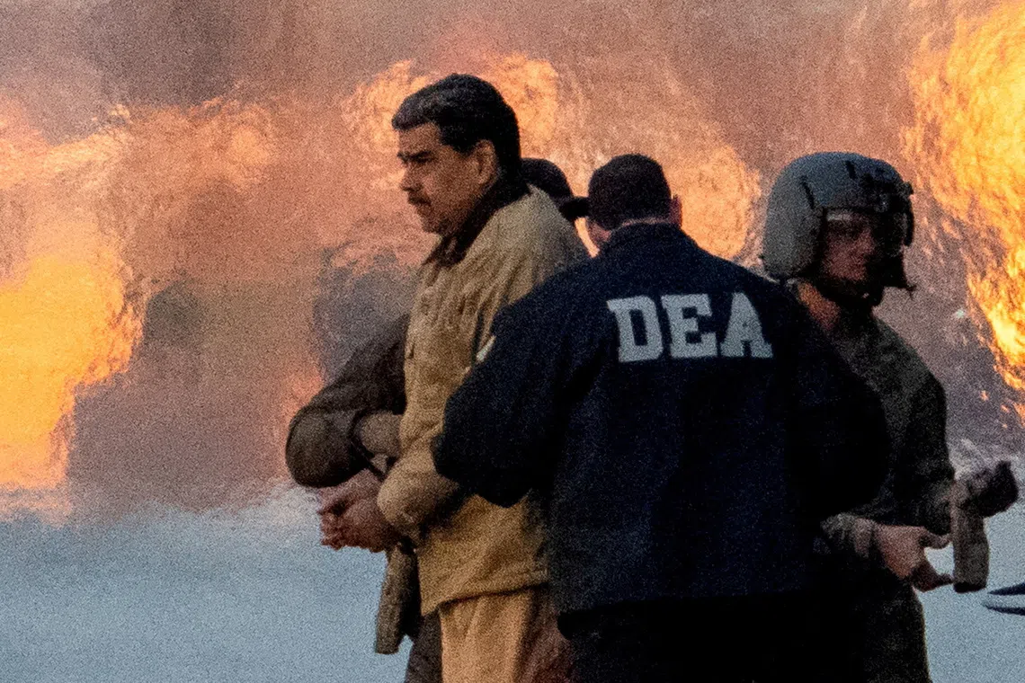 FILE PHOTO: Captured Venezuelan President Nicolas Maduro is escorted, as he heads towards the Daniel Patrick Moynihan United States Courthouse in Manhattan for an initial appearance to face U.S. federal charges including narco-terrorism, conspiracy, drug trafficking, money laundering and others, at Downtown Manhattan Heliport, in New York City, U.S., January 5, 2026. REUTERS/Adam Gray/File Photo
