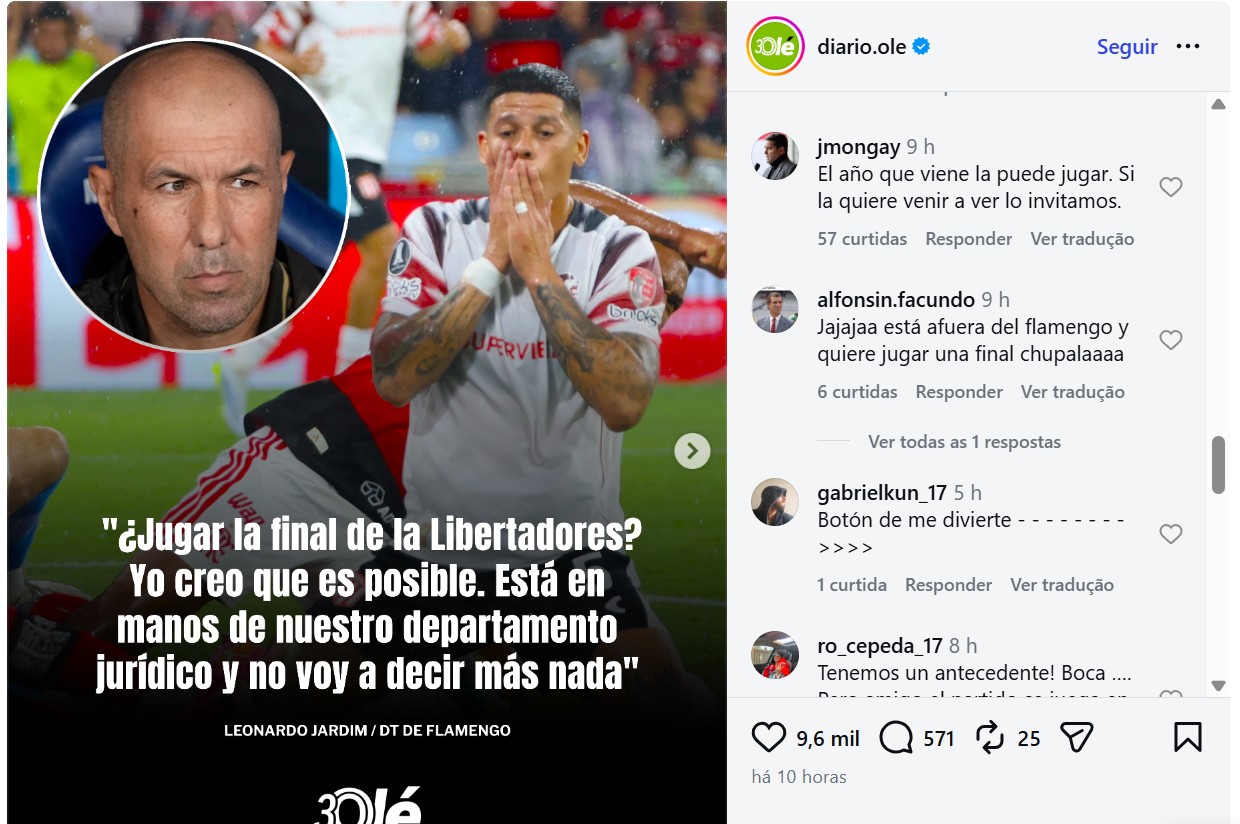 Dirigente do Estudiantes responde Jardim sobre "caso Rojo" com o Flamengo: "Se quiser vir à final, a gente convida"