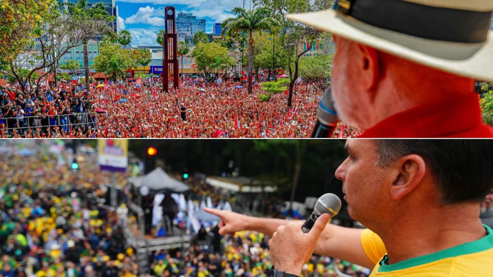 Petista caminhou ao lado de Haddad e citou caso Master; candidato do PL andou com Tarcísio no interior paulista e criticou o Congresso antes de seguir para o Rio Montagem: Ricardo Stuckert/PR e Vittor Sales/Flickr