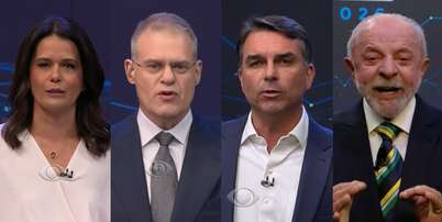 Adriana Ara&uacute;jo, Eduardo Oinegue, Fl&aacute;vio Bolsonaro e Lula: as cores transmitem mensagens Foto: Reprodu&ccedil;&atilde;o/YouTube/@bandjornalismo