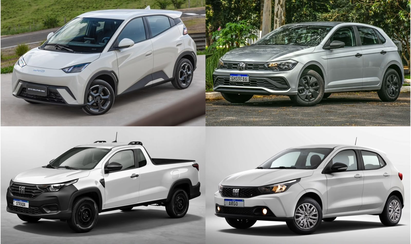 Dolphin Mini, Strada, Polo e Argo BYD, Fiat e Volkswagen/Divulgação