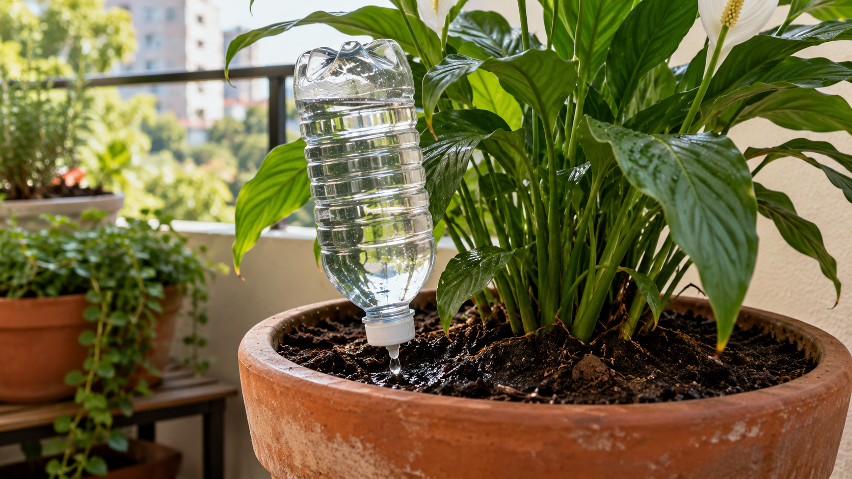 A garrafa PET de cabeça para baixo que rega as plantas sozinha por dias enquanto você viaja no feriadão