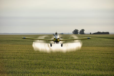A crop duster flies over farmland and sprays chemicals