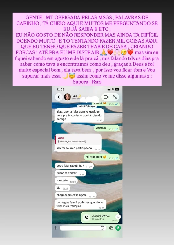 Amiga de Lua Blanco emociona ao lembrar última conversa das duas: "Juntas"