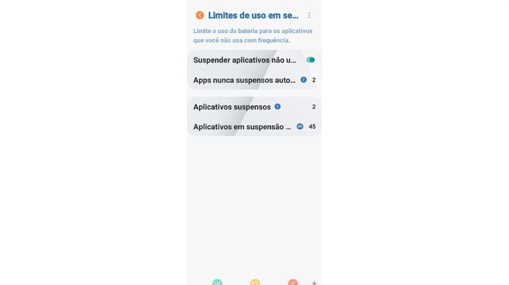 Galaxy A03 já mantinha aplicativos pouco usados suspensos para reduzir atividades em segundo plano — Foto: Reprodução/ Android Galaxy A03